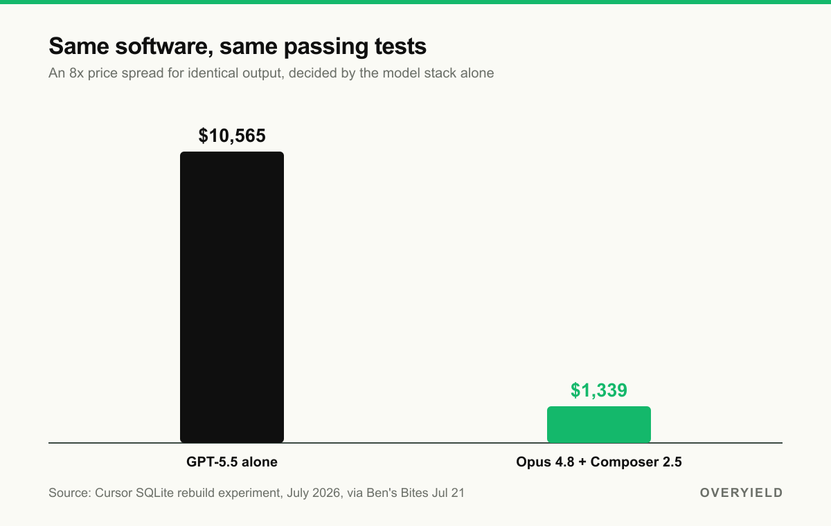 Same software, same passing tests: the bill depended entirely on the model stack